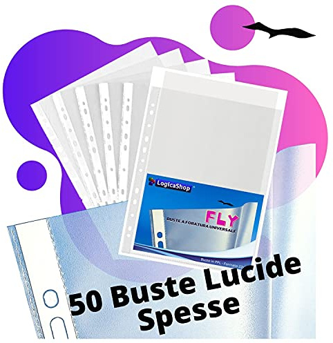 LogicaShop Fly Buste Forate Trasparenti per Raccoglitori ad Anelli A4, Cartelline Plastica (Lucide, 50 Pezzi)