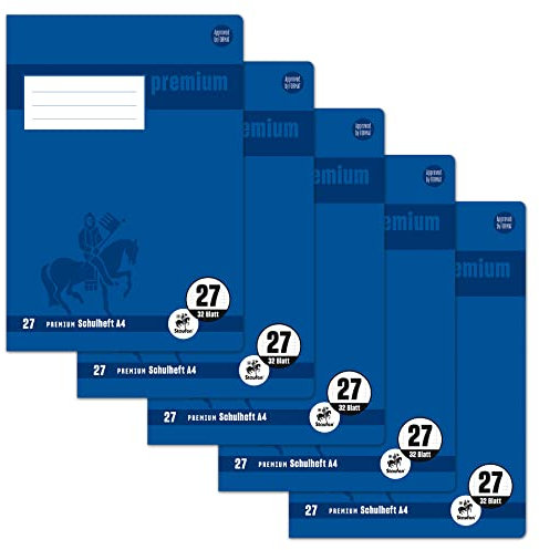 Staufen Premium Schulheft - DIN A4, Lineatur 27 (9mm liniert mit Randlinie), 32 Blatt, 90g/m² Premium Papier, 5 Stück