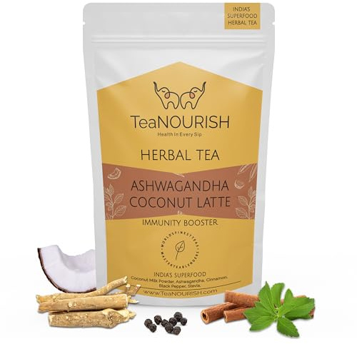 TeaNOURISH Ashwagandha Coconut Latte | CAFFEINE-FREE Herbal Tea | Indian Superfoods Ashwagandha & Coconut | Relieves Stress and Supports Immunity | 100% NATURAL - 100g