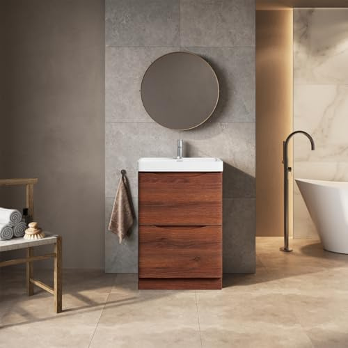 Go Bathrooms Eaton Redwood 600mm Floor Standing Vanity Unit Inc Resin Basin Sink Oak Effect Vanity Unit Under Sink Bathroom Cabinet Storage Vanity Sink