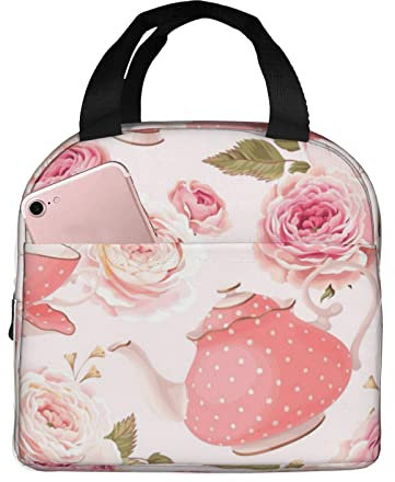 XVBCDFG Tazas de té con rosas Bolsa de almuerzo en mal estado romántica, Papel de aluminio portátil Bolsa de almuerzo con aislamiento térmico engrosado Bolsa