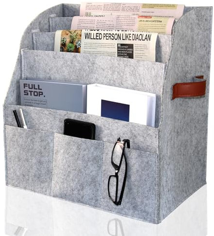 RSHVSMS Newspaper Rack, Modern Magazine Rack, Foldable, Storage Stand for Large Felt Newspaper Baskets, Removable 4-Layer Divider, 3 Small Outer Pockets, Storage for Home and Office, Grey