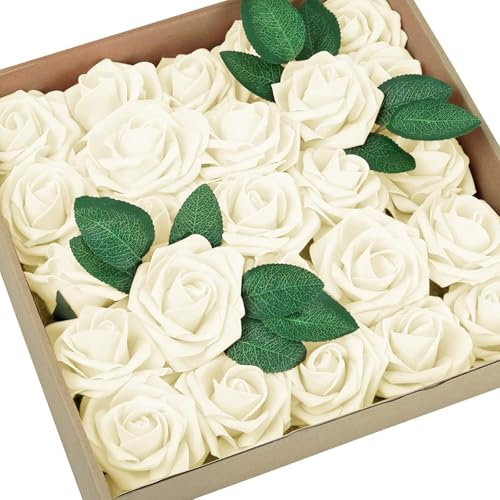 HIYAA Artificial Flowers, 50 Pcs Artificial Roses Fake Flowers with Stems,Foam Flowers Ivory White Roses for Wedding,Party, Home,Anniversaries,Valentines Day Decorations