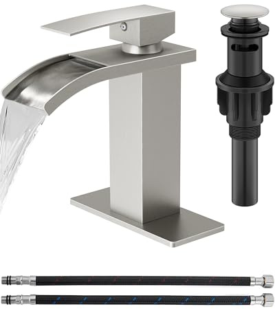GBBNE Waterfall Bathroom Faucet 1 Hole, Single Hole Bathroom Faucet, Single Handle Vanity Sink Faucet with Deck Plate, Pop-up Drain & Supply Lines, Brushed Nickel