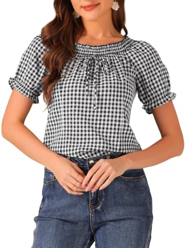 Allegra K Blouse à carreaux Gingham pour femmes, col rond paysan avec volants et manches bouffantes, Noir , S