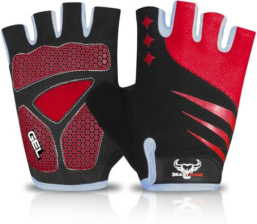 BEAST RAGE Guantes de Ciclismo de Medio Dedo para Hombres y Mujeres, Acolchados de Gel, Antideslizantes, absorción de Golpes, Guante de Gimnasio, Guantes de Bicicleta de montaña (Red, M)