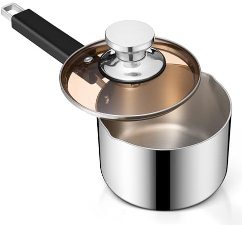 Onader 14cm Saucepan, Tri-Ply Stainless Steel Sauce Pan with Glass Lid, Small Milk Cooking Pan with Pouring Spout, Induction Ready & Heavy Duty, Mirror Finished & Easy Clean - 1 L
