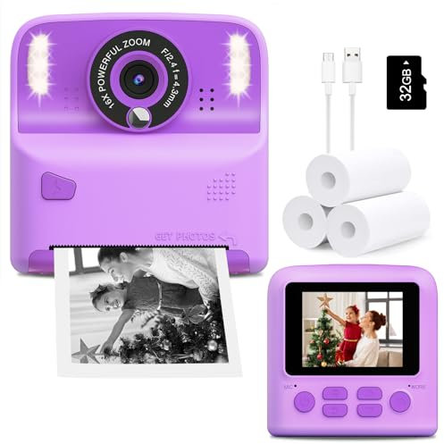 Instant Print Camera for Kids, Christmas Birthday Gifts Toys for Girls Boys Age 3-12, Portable Travel for Toddler Children Digital Cameras with 32GB Card That Prints Black White Photos (Dark Purple)