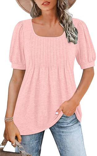 WNEEDU Ladies Tops Square Neck T Shirts for Women UK Summer Puff Short Sleeve Blouses Pleated Tunic Tshirts Flowy Elegant Casual Tee Light Pink M