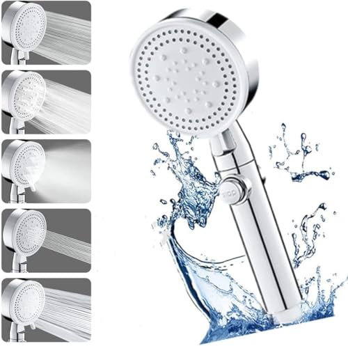 Pommeau de douche Haute Pression à économie D'eau 5 types de jet pour bain et spa Pommeau Douche Anti Calcaire, Douchette à Haute Pression Shower Head de Massage(Argenté)