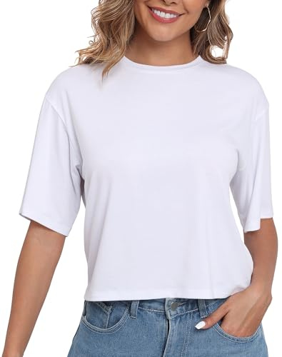 PRIMODA Women's Loose Fit Cropped T Shirts Crew Neck Half Sleeve Crop Tops Tee Shirts (White L)