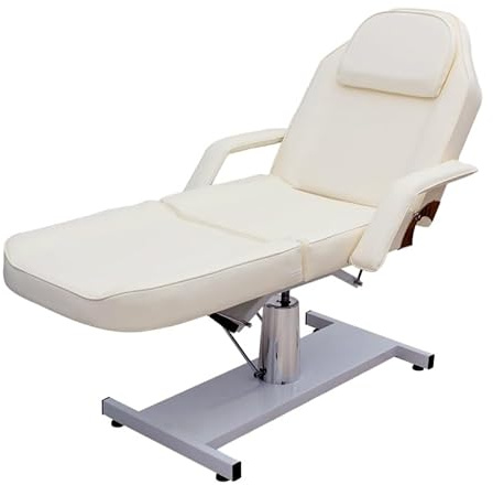 Warmiehomy Hydraulic Beauty Bed, Adjustable Multiple Level Steel Frame 3 Section Leather Massage Bed 150kgs/330lbs Max Weight Capacity, Rotatable Massage Chair Beauty Table (White)