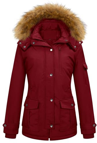 heekpek Abrigo Mujer Invierno Parka Impermeable Cortaviento Abrigo de Invierno Cálido Chaqueta Larga Mujer con Capucha Desmontable y Múltiples Bolsillos, Borgoña, M