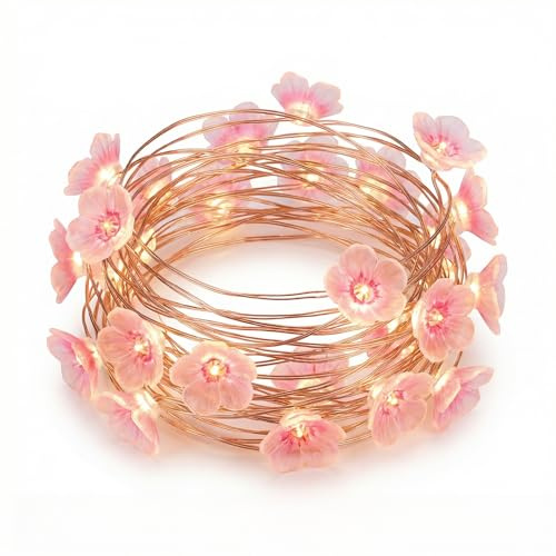 DiiWmme 2M 20 LED Pink Cherry Blossom Fairy Lights, Battery Operated Flower String Lights for Bedroom Decor, Indoor Spring and Christmas Decorations, Girls Room Gift (Flowers)