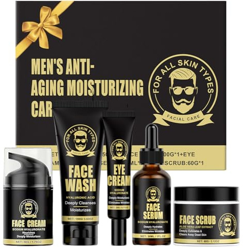 Set di cura del viso per uomini, set di skincare per uomini, Sanfe pulizia e cura della pelle per uomini, set regalo di 5 pezzi incluso pulizia, peeling, crema per gli occhi, siero, crema idratante