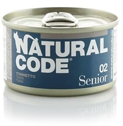 Natural Code Cibo Umido Sfilaccetti per Gatti Senior, alimento completo per gatti anziani di tutte le taglie e razze, SENIOR 02 Tonnetto e Riso, 12 scatolette da 85 grammi l'una.