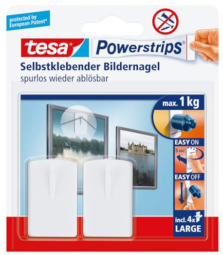 tesa Bilder-Nagel, 2er Set - Klebenagel für Bilderrahmen, 1 kg Haltekraft - mit tesa Powerstrips LARGE, ablösbar und wiederverwendbar - 2 Stück