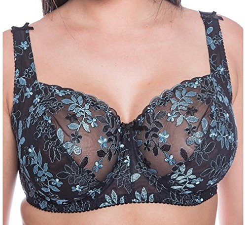 Gem Black Aquamarine Large Bosom Firm Underwired Bra Lace Bra Sizes 34D to 46J (34F)