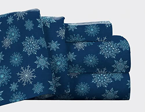 Pointehaven Flannel Deep Pocket Set with Oversized Flat Sheet, Queen, Snow Flakes Navy