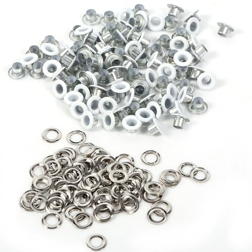 Oumefar 100 Ensembles 4mm Oeillets en Métal Ronds, Scrapbooking Carte Trou Oeillets Oeillets pour Cuir Artisanat Tissu Vêtement Accessoire(blanc)