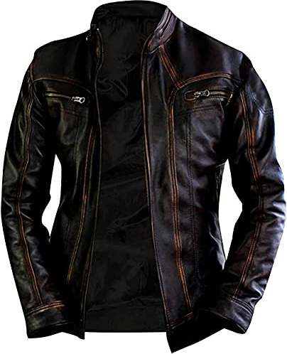 Cafe Racer Retro 2 Giacca da moto in pelle invecchiata, stile vintage, per uomo, colore: nero, Marrone invecchiato, XL