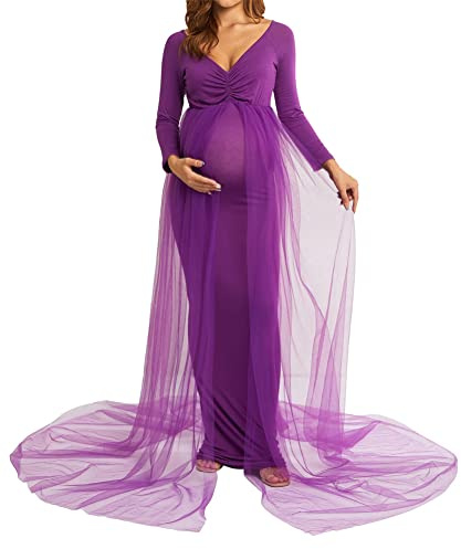 ORANDESIGNE Mujer Premamá Vestido Elegant Maternidad Foto Shoot Maxi Vestido de Fiesta Ceremonia Manga Larga Vestidos E Lila Oscuro L