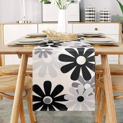Schwarz Grau Floral Läufer - Moderne Outdoor Tischmatten für Esstisch, Küche & Wohnzimmer - Hochzeit, Party & Geschenk - Leinen - 40x140 cm