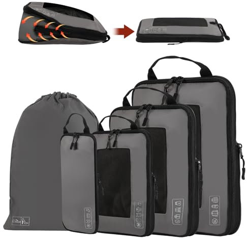 Hoelg Organizador Maleta Bolsas Compresion Viaje Paquete de 5, Bolsas Organizadoras Maleta, Organizador Maleta Compresion, Apto Para Equipaje de Mano y Mochilas (Gris)