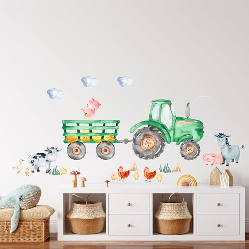 GRAZDesign Wandtattoo Bauernhof Set, Grüner Traktor mit Tieren, Wandsticker für Kinderzimmer & Babyzimmer - 100x57cm