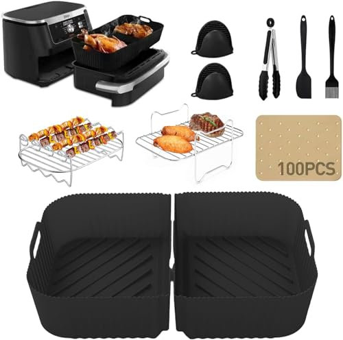 Auauraintt 11 PCS Accessoires Air Fryer, pour Foodi Flexdrawer 10.4L AF500EU,apporter moule en silicone (2 en 1), support,gants,clips,brosse à huile,grattoir à huile,100 morceaux de papier huilé