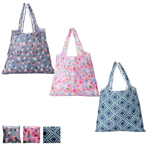 BAOWUABJ 3Pcs Reusable Shopping Bags, Foldable, Washable Grocery Bags Foldable in a Pouch Eco Tote Shopping Bag Groceries Tote Bags for Daily Shopping Loading (Mixed color-1)