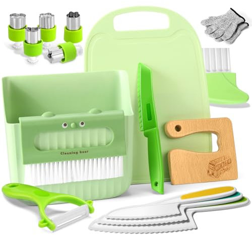 Goodchef Coltelli per bambini Set di coltelli da cucina per bambini da 15 pezzi per tagliare e cucinare frutta e verdura, adatti ai più piccoli, include un pelapatate in legno (bus da viaggio)