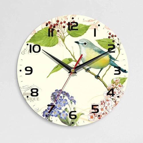 ENUIEO Wall Clock, 10 Inch Silent Non-Ticking Home Kitchen Decor, Battery Operated for Bathroom Bedroom Living Room Office(Vintage Watercolor Bird Flower)
