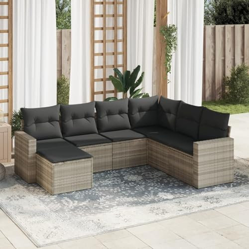Homgoday Juego de 7 muebles de jardín con cojín, salón de balcón, muebles de jardín, sofá de jardín, balcón, sofá, salón, balcón, muebles de jardín, color gris claro