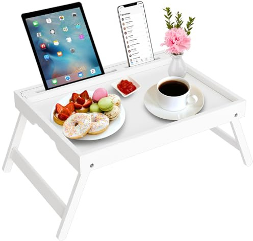 Sängbricka bord med vikbara ben, bambu frukostmatbricka med mediaplats, används som platta, laptopskrivbord, mellanmål, TV-bricka kökserveringsbricka (vit stor)