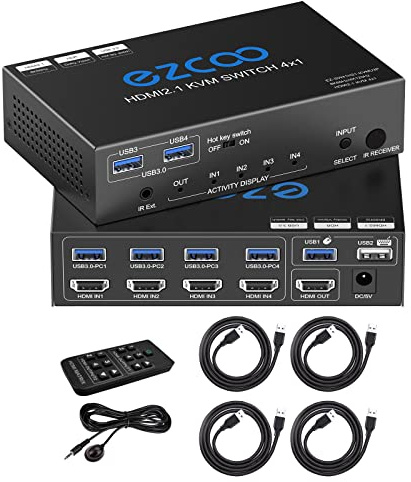 Switch KVM HDMI 2.1 USB 3.0 a 4 porte 8K@60Hz 4K@120Hz VRR G/Sync 48Gbps per condividere 4 computer con una tastiera e un mouse HDR D-olby Vision HDCP2.2 e telecomando IR.Include 2 cavi USB3.0.