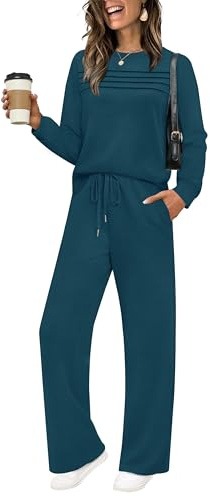 WIHOLL Women's Two Piece Sets Winter Long Sleeve Travel Outfits Trendy Lounge Tracksuit Fall Wide Leg Sweatpants Matching Sweat Set Blue M