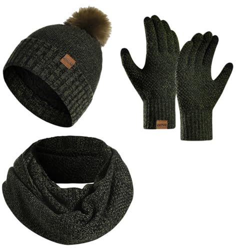 Enwokran Dam vinter mössa halsduk handskar set 3 delar, pom pom hatt med varm fleece fodrad lång stickad halsduk pekskärm handskar 3 i 1 set, Armégrönt, one size