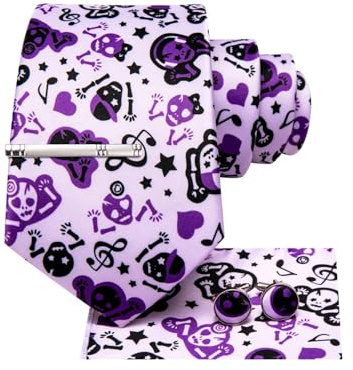 Hi-Tie Purple Black Ties for Men Silk Mens Halloween Ties Skeleton Necktie and Pocket Square Cufflinks Set for Party