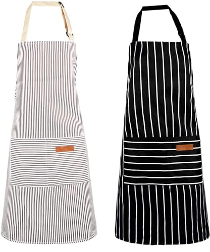 KALIONE 2 Stück Verstellbare Unisex Küchenschürzen mit Taschen für Kochen, Koch, Küche, Restaurant, Café, Schwarz + Grau