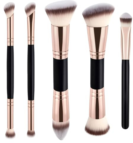 MOTIBACK Juego de pinceles de maquillaje, juego de 5 brochas de maquillaje profesional, juego de brochas de maquillaje de doble cabeza, fibras sintéticas suaves para base, colorete, regalo para