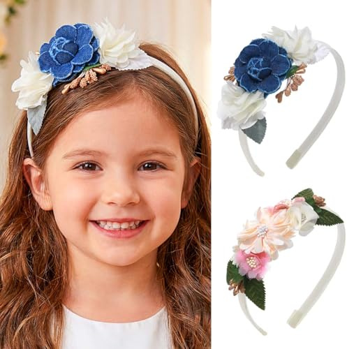 IYOU Serre Tete Fille Fleurs Bandeaux Mariages Bandeau Floral Rose Accessoires Cheveux Baptême pour Bébés Filles (2 Pièces)