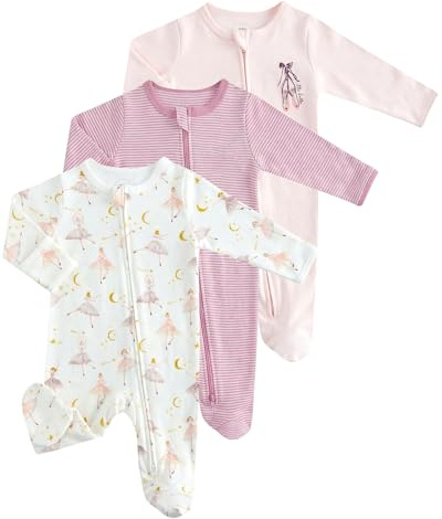 JiAmy Baby Neonato Pagliaccetto in Cotone Confezione da 3, Bambino Pigiama Ragazze Ragazzi Tutine, Neonato in Cotone Pagliaccetto Tutina a 2 Vie Cerniera a Piedini Pigiami Interi Rosa 3-6 Mesi