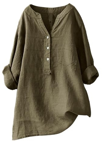 Camicia Donna in Lino Cotone Elegante Curvy Camicie Donna Manica Lunga Estiva Camicie Oversize con Scollo a V Blusa con Bottoni e Tasca Casual da Lavoro Top Camicetta da Spiaggia Tinta Unita Classico