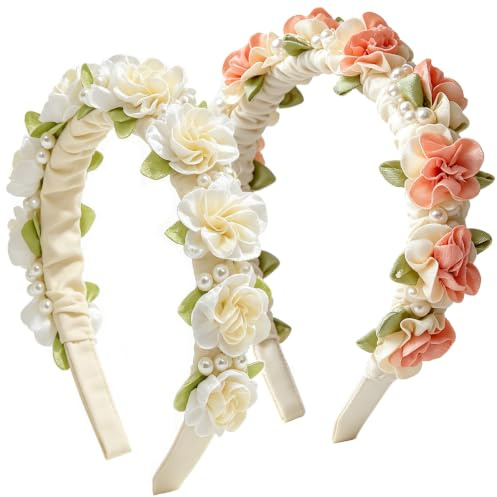 Joycabin 2 stycken hårband Dirndl-blommor, pärlblommor huvudbonad, konstgjorda blommor pannband, pärlor hårtillbehör för flickor Oktoberfest tillbehör dam fester bröllop (beige rosa)