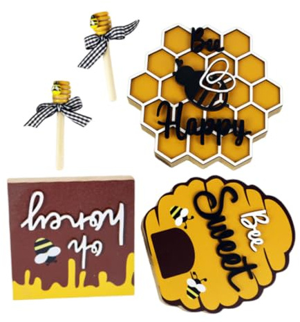 NUOBESTY Décoration en Bois Minimaliste Thème Abeille Ruche et Nid d'abeille, Ensemble pour Bureau et Espaces Variés, Ornement Naturel Jaune