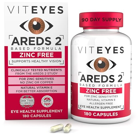 Viteyes AREDS 2 Zinc Free Macular Support, Natural Allergen Free Capsules with Vitamin E, Vitamin C, Lutein & Zeaxanthin, No Zinc, No Copper, Eye Doctor Trusted, Manufactured in The USA, 180 Ct
