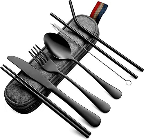DEVICO Camping Cutlery, Travel Cutlery Set with Case, Portable Stainless Steel Camping Utensils Include Knife Fork Spoon Chopsticks Straws Brush (Black)