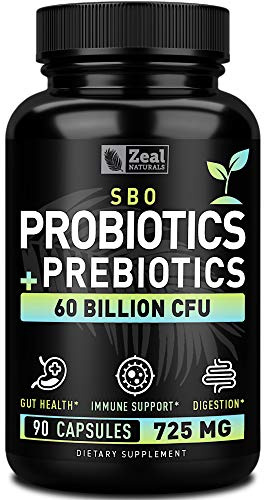 Probiotics and Prebiotics + SBO Probiotics (60 Billion CFU | 90 Capsules) Acidophilus Probiotic w. Saccharomyces Boulardii, Bifidobacterium + Spore Probiotic & Organic Sprouted Prebiotic Fiber Blend