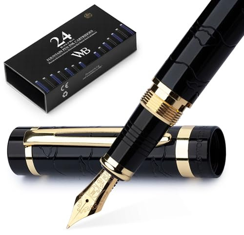 Wordsworth & Black Primori Füllfederhalter-Set [Schwarzes Gold]; Mittlere Feder, Geschenketui, 24 Tintenpatronen, Nachfüll-Konverter, Tagebucheintrag, Kalligrafie; Links- und Rechtshänder